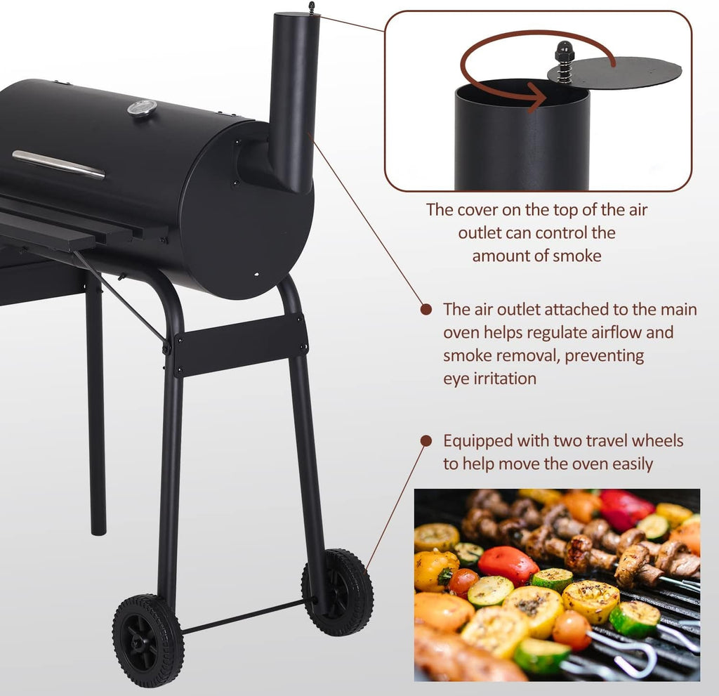 Charcoal Barbecue Grill Offset Smoker Black Wheels-2
