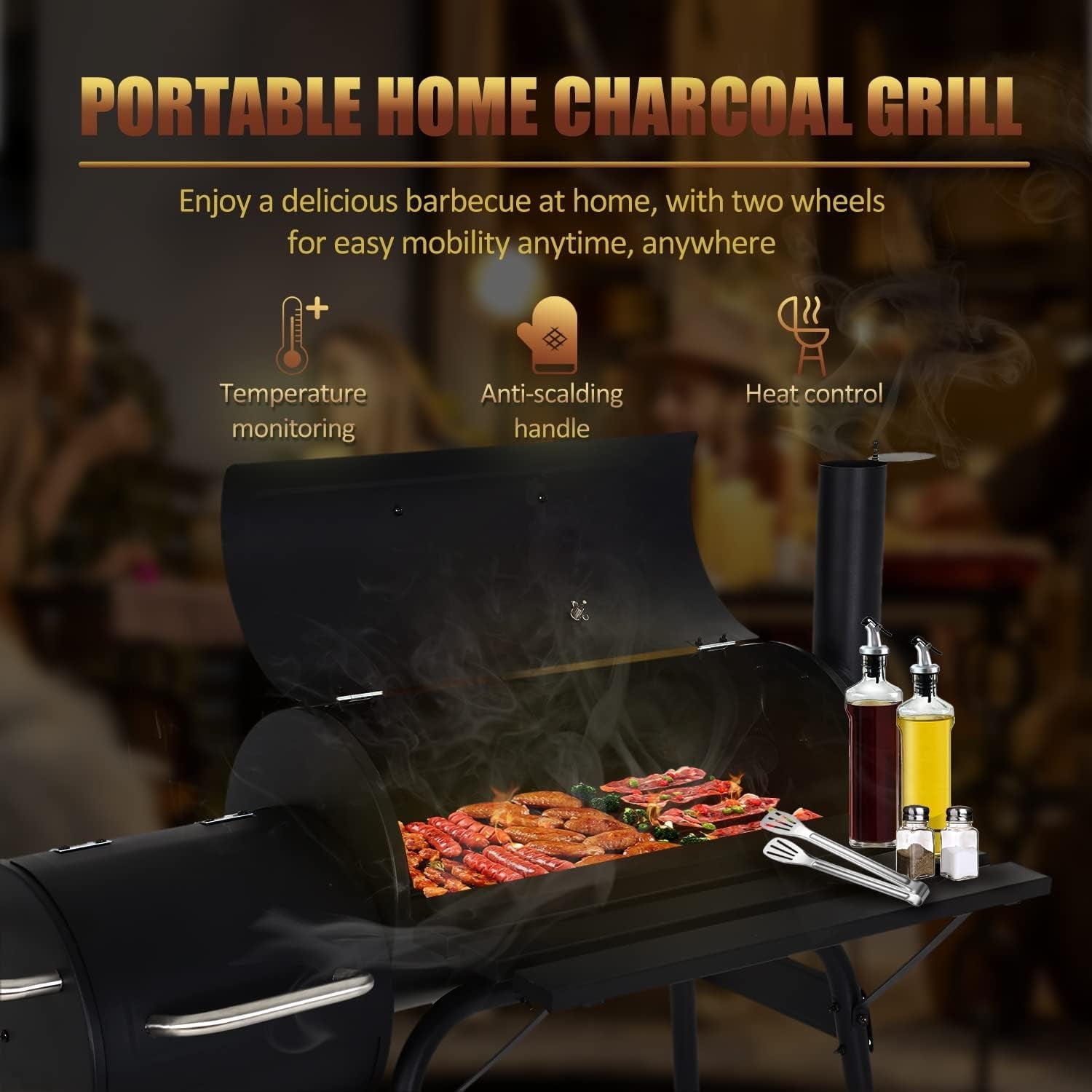 Charcoal Barbecue Grill Offset Smoker Black Wheels-1