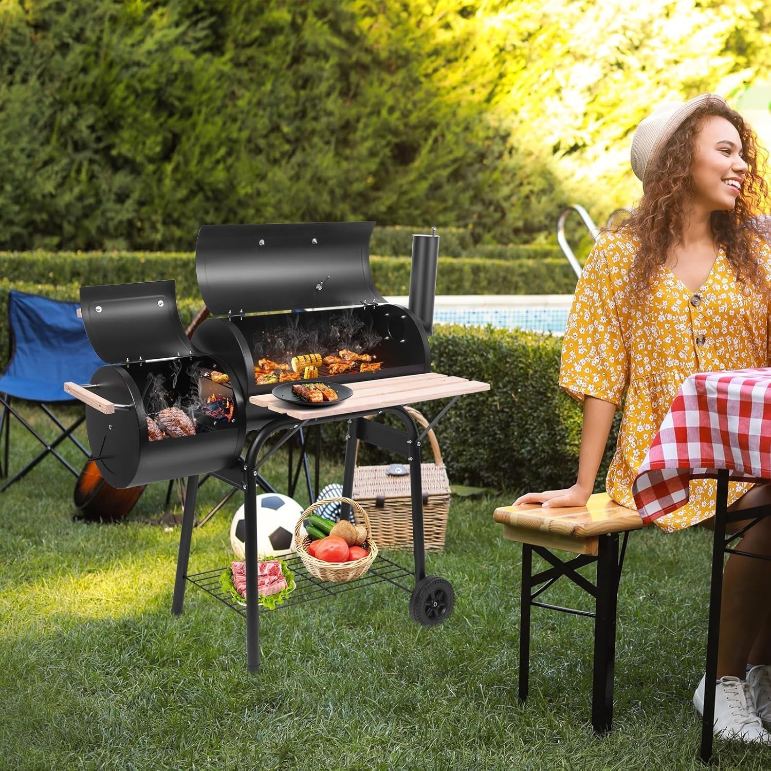 Offset Charcoal Smoker Barbecue Grill Large Chamber-4