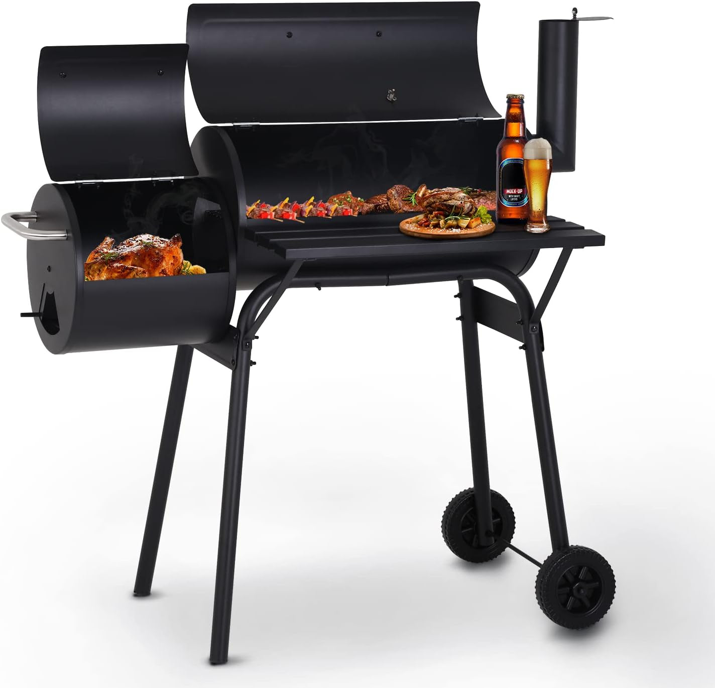 Charcoal Barbecue Grill Offset Smoker Black Wheels-0