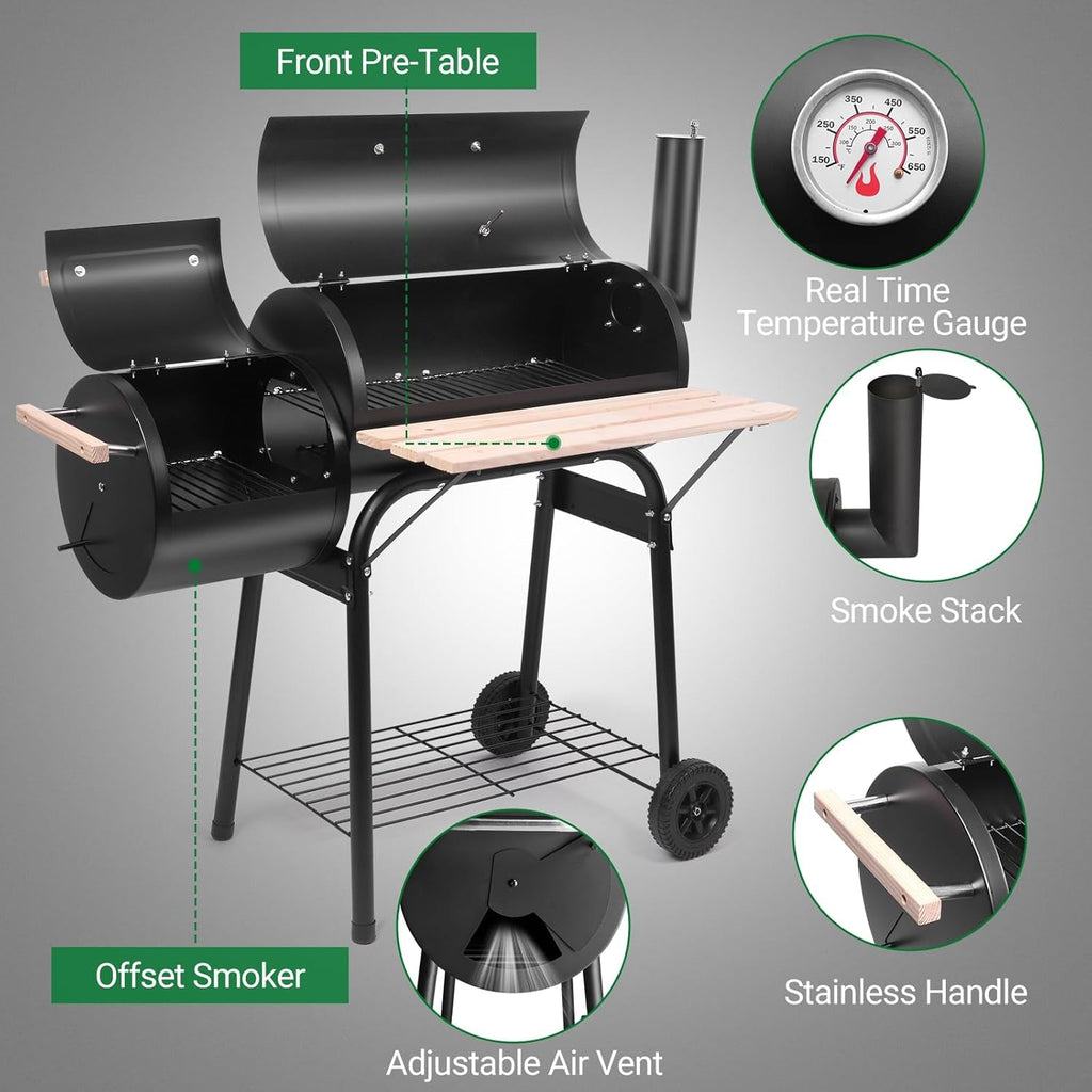 Offset Charcoal Smoker Barbecue Grill Large Chamber-1